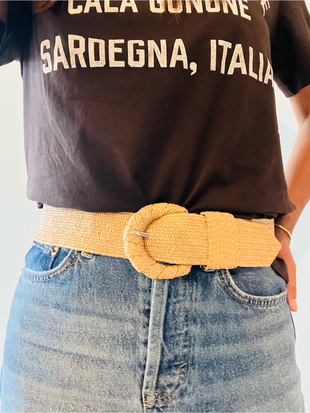 Stradivarius Beige Woven Straw Belt with Round Buckle,Size 90